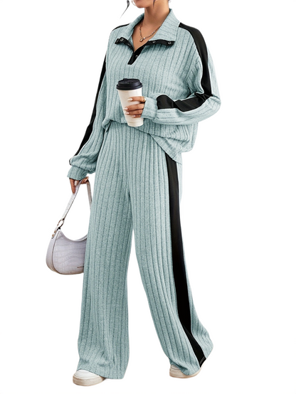 Women’s Ribbed Lounge Set – Long Sleeve Top & Wide-Leg Trousers