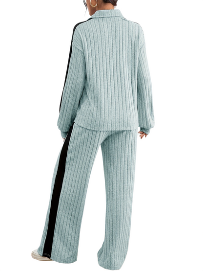 Women’s Ribbed Lounge Set – Long Sleeve Top & Wide-Leg Trousers