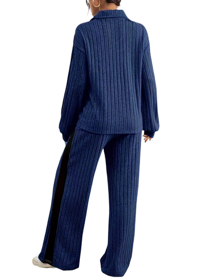 Women’s Ribbed Lounge Set – Long Sleeve Top & Wide-Leg Trousers