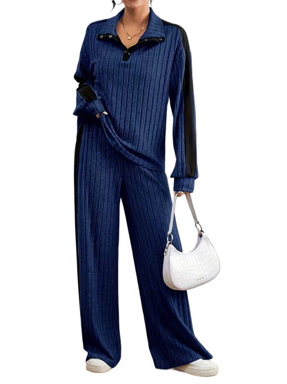 Women’s Ribbed Lounge Set – Long Sleeve Top & Wide-Leg Trousers