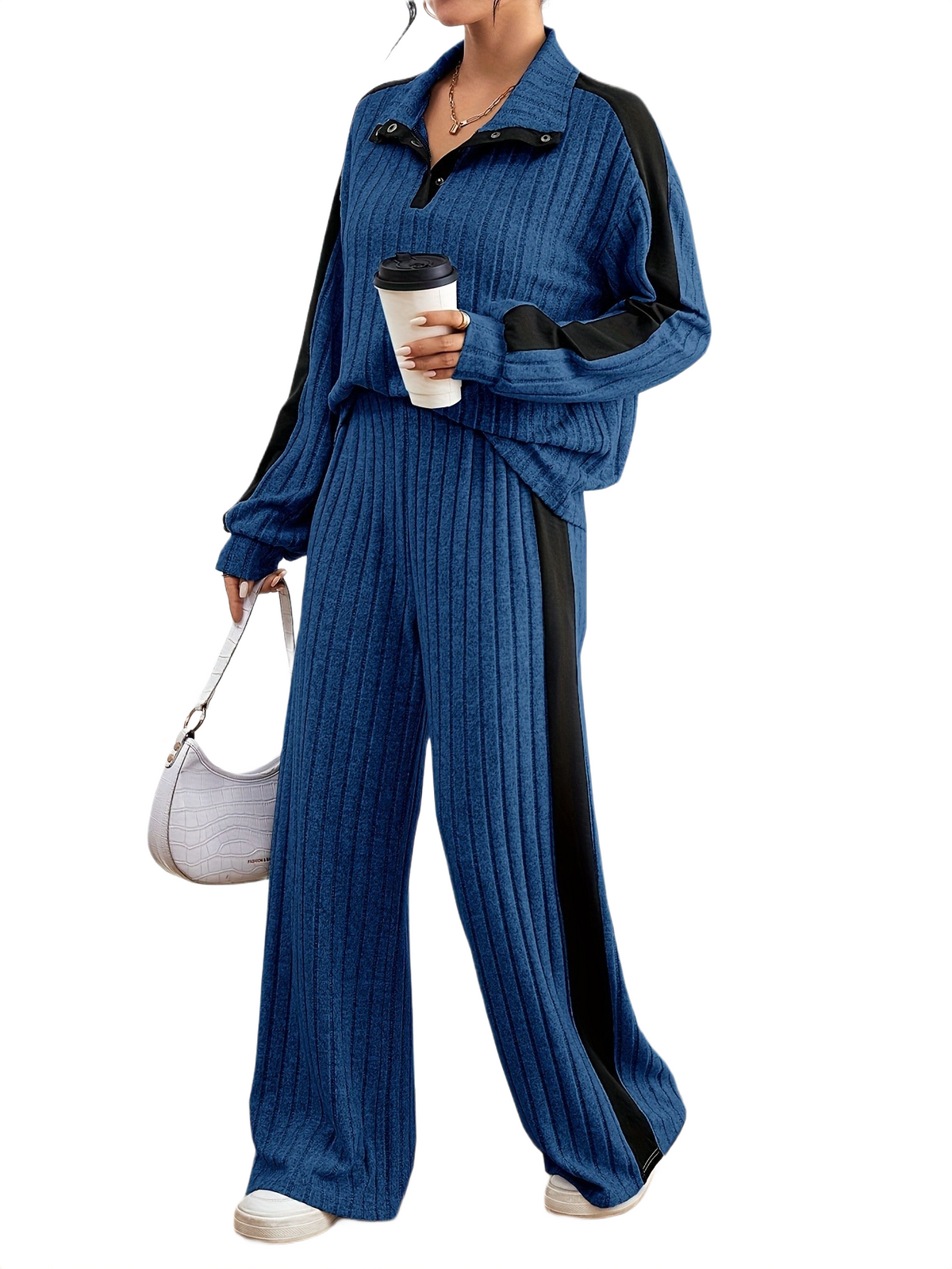 Women’s Ribbed Lounge Set – Long Sleeve Top & Wide-Leg Trousers