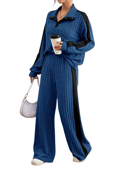 Women’s Ribbed Lounge Set – Long Sleeve Top & Wide-Leg Trousers