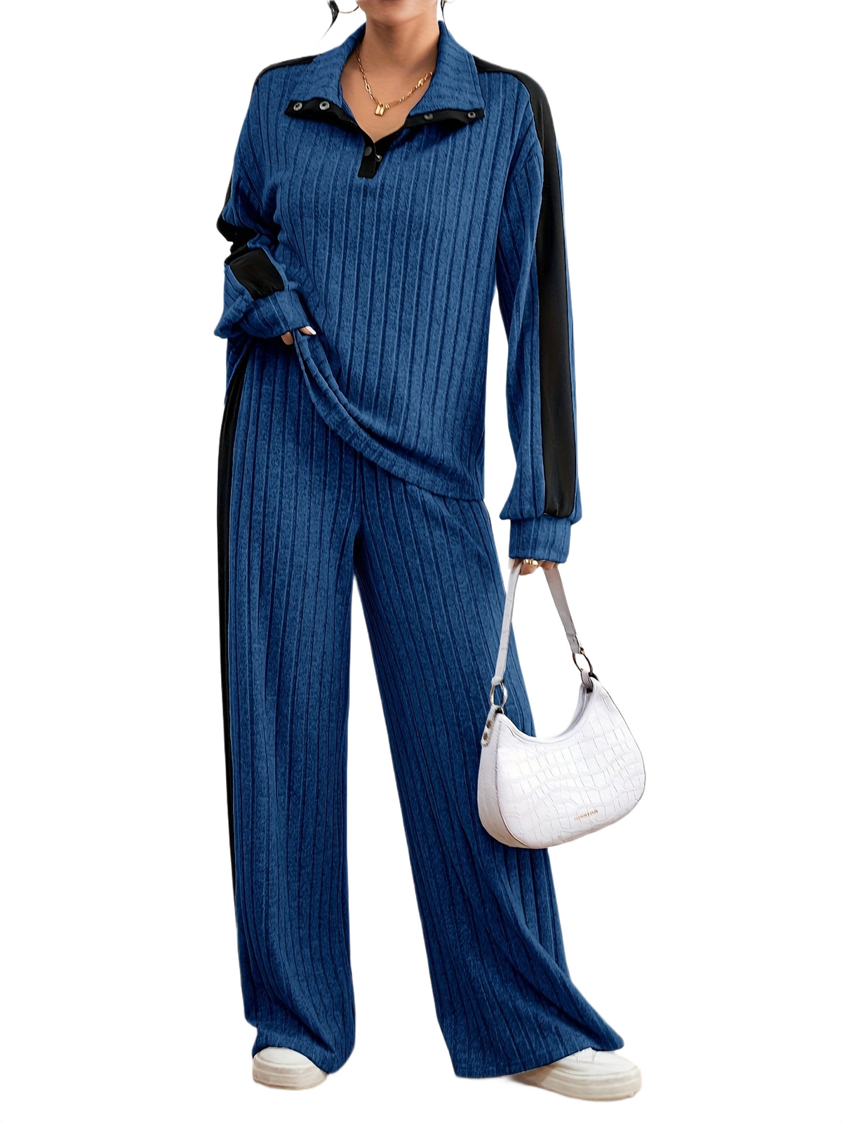 Women’s Ribbed Lounge Set – Long Sleeve Top & Wide-Leg Trousers