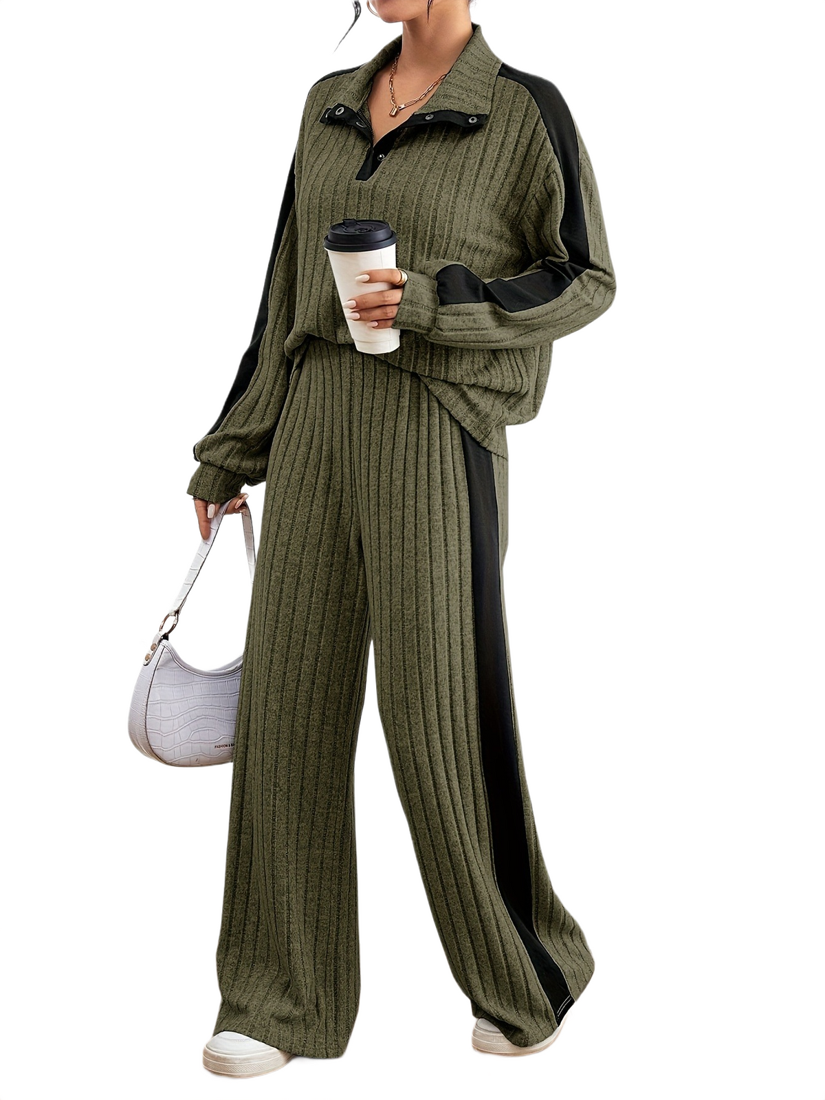 Women’s Ribbed Lounge Set – Long Sleeve Top & Wide-Leg Trousers