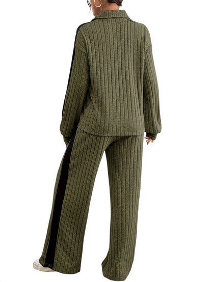 Women’s Ribbed Lounge Set – Long Sleeve Top & Wide-Leg Trousers