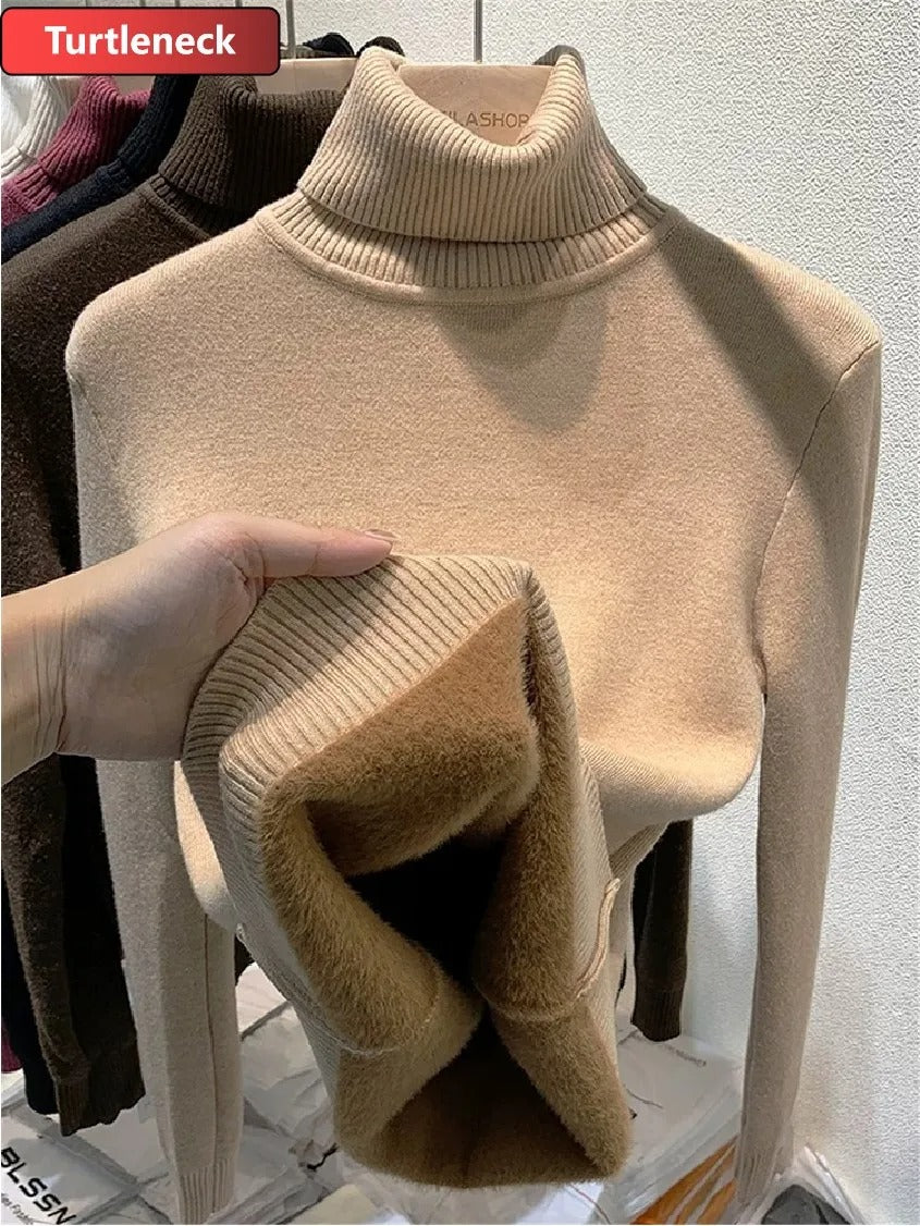 Elara Women's Plush Lined Turtleneck Sweater – Slim Fit Knit