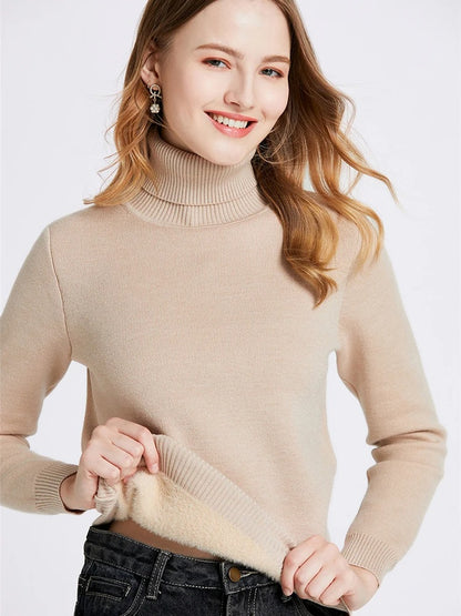 Elara Women's Plush Lined Turtleneck Sweater – Slim Fit Knit