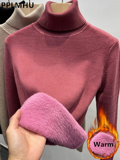 Elara Women's Plush Lined Turtleneck Sweater – Slim Fit Knit