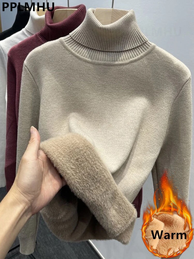 Elara Women's Plush Lined Turtleneck Sweater – Slim Fit Knit