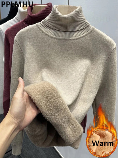 Elara Women's Plush Lined Turtleneck Sweater – Slim Fit Knit