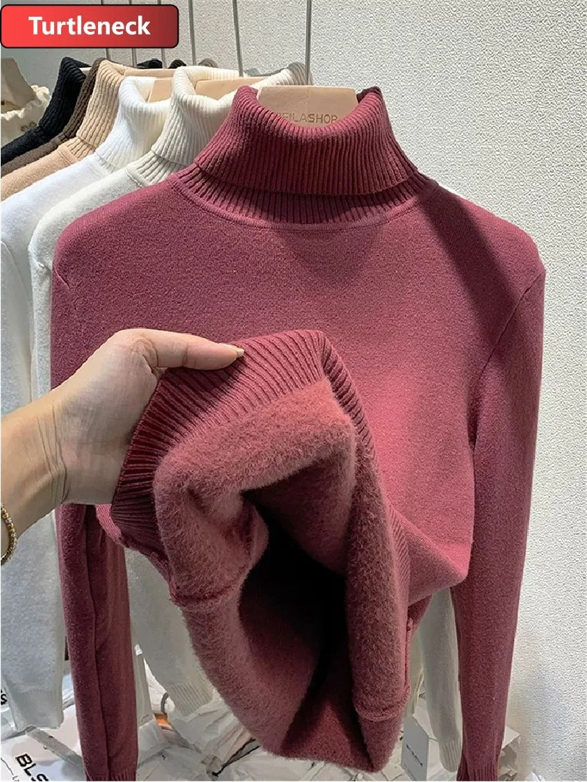 Elara Women's Plush Lined Turtleneck Sweater – Slim Fit Knit