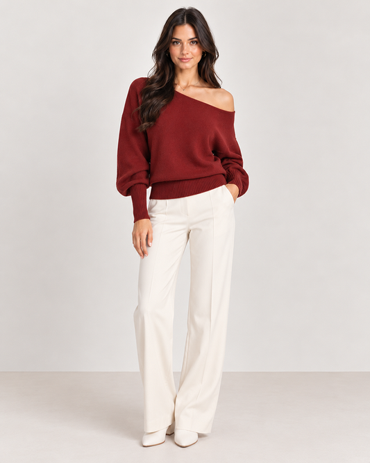 Brookmonts Women’s Off-Shoulder Knit Top – Ribbed Batwing Sleeve Sweater