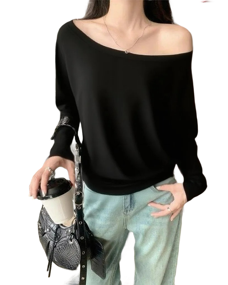 Brookmonts Women’s One-Shoulder Top – Long Sleeve Cotton Blend Shirt