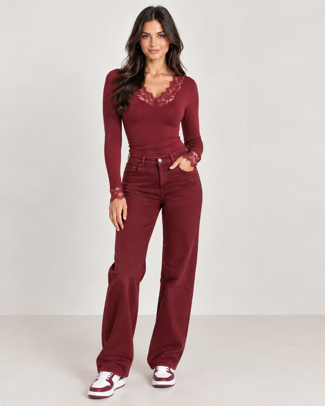 Brookmonts Women’s V-Neck Lace Top – Slim Fit Long Sleeve Pullover