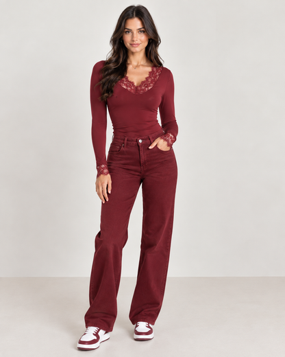 Brookmonts Women’s V-Neck Lace Top – Slim Fit Long Sleeve Pullover