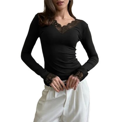 Brookmonts Women’s V-Neck Lace Top – Slim Fit Long Sleeve Pullover
