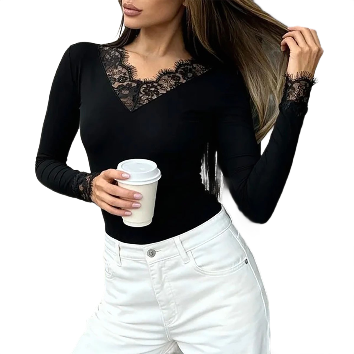 Brookmonts Women’s V-Neck Lace Top – Slim Fit Long Sleeve Pullover