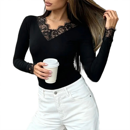 Brookmonts Women’s V-Neck Lace Top – Slim Fit Long Sleeve Pullover