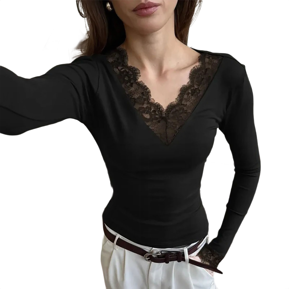 Brookmonts Women’s V-Neck Lace Top – Slim Fit Long Sleeve Pullover