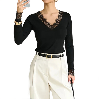 Brookmonts Women’s V-Neck Lace Top – Slim Fit Long Sleeve Pullover