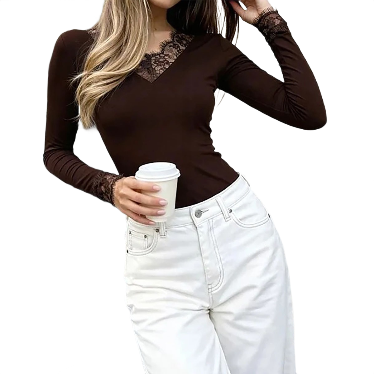 Brookmonts Women’s V-Neck Lace Top – Slim Fit Long Sleeve Pullover