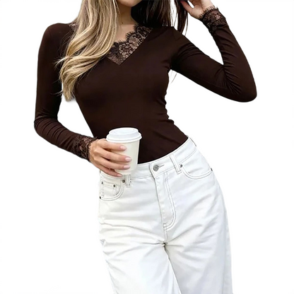 Brookmonts Women’s V-Neck Lace Top – Slim Fit Long Sleeve Pullover