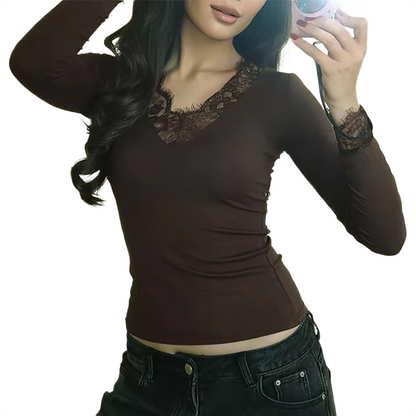 Brookmonts Women’s V-Neck Lace Top – Slim Fit Long Sleeve Pullover