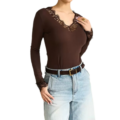 Brookmonts Women’s V-Neck Lace Top – Slim Fit Long Sleeve Pullover
