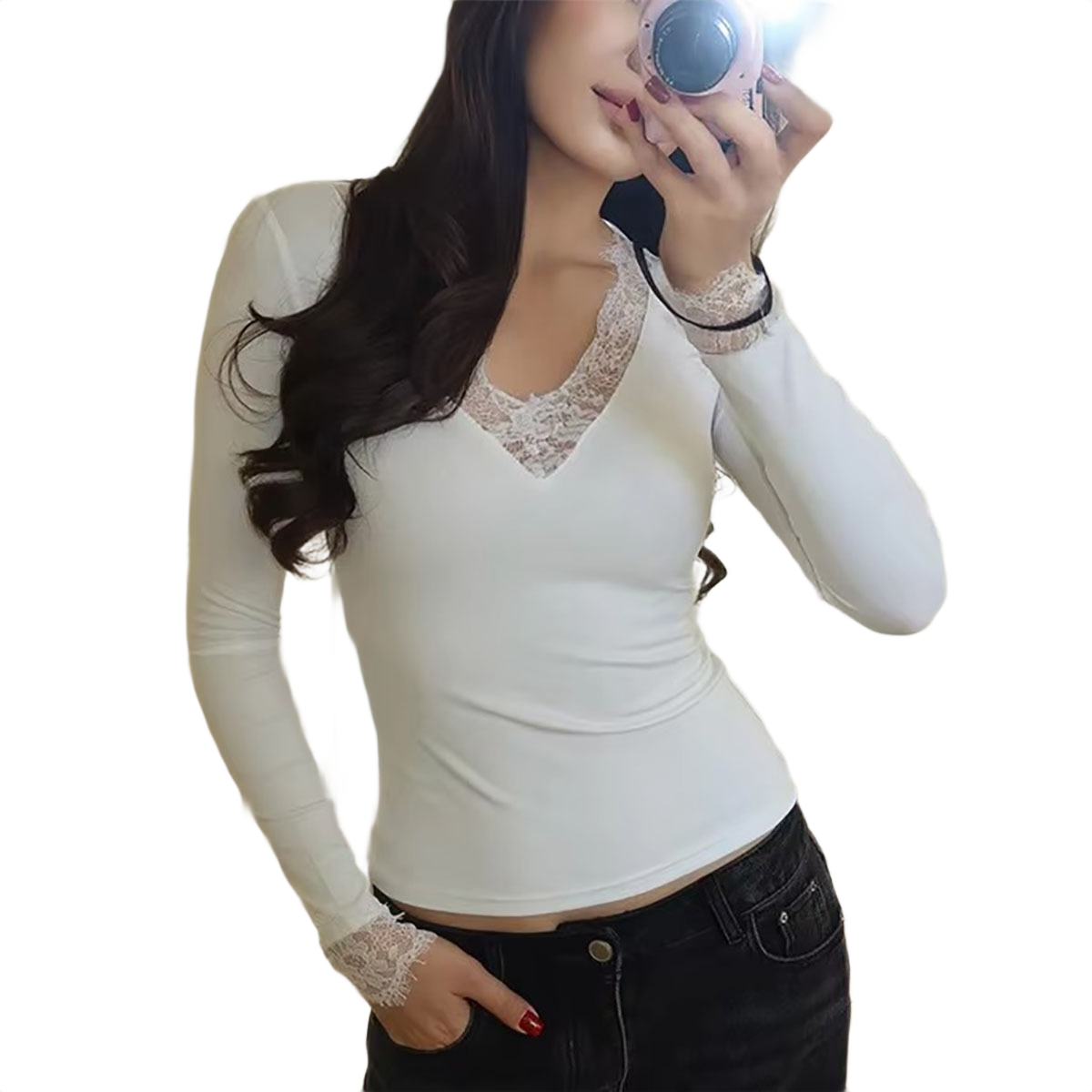 Brookmonts Women’s V-Neck Lace Top – Slim Fit Long Sleeve Pullover