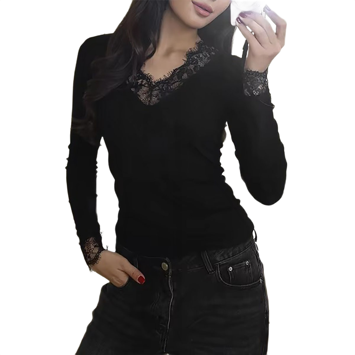 Brookmonts Women’s V-Neck Lace Top – Slim Fit Long Sleeve Pullover