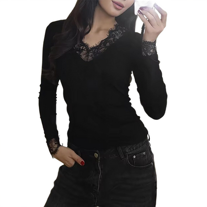 Brookmonts Women’s V-Neck Lace Top – Slim Fit Long Sleeve Pullover