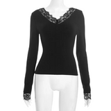 Brookmonts Women’s V-Neck Lace Top – Slim Fit Long Sleeve Pullover