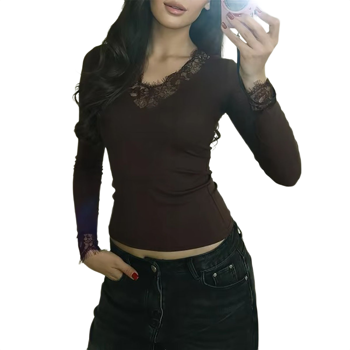 Brookmonts Women’s V-Neck Lace Top – Slim Fit Long Sleeve Pullover