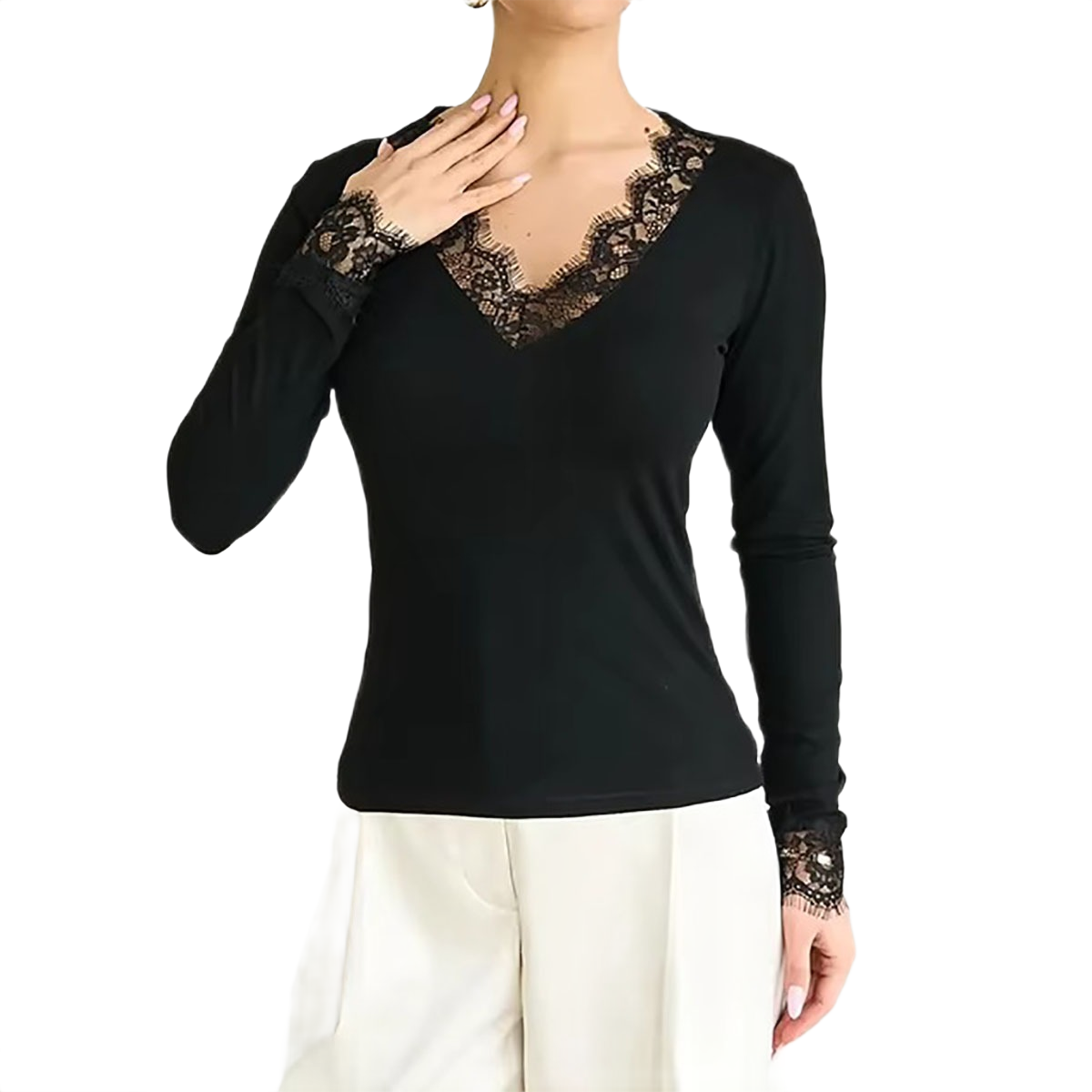 Brookmonts Women’s V-Neck Lace Top – Slim Fit Long Sleeve Pullover