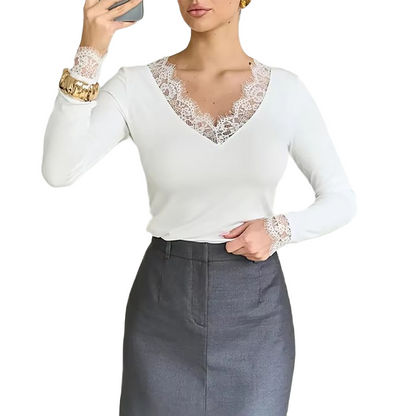 Brookmonts Women’s V-Neck Lace Top – Slim Fit Long Sleeve Pullover