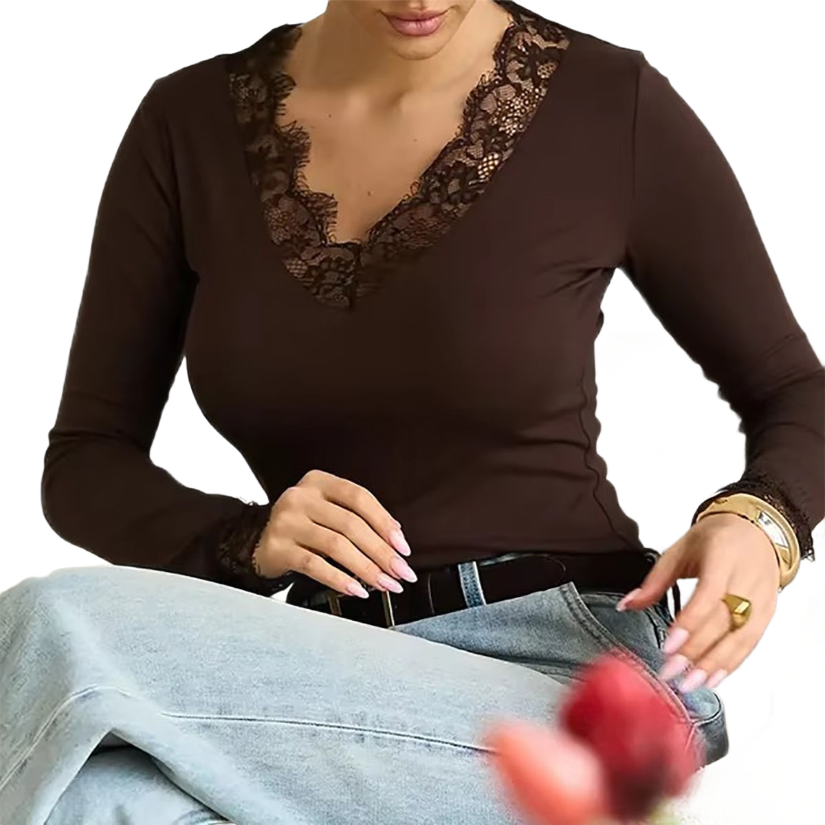 Brookmonts Women’s V-Neck Lace Top – Slim Fit Long Sleeve Pullover
