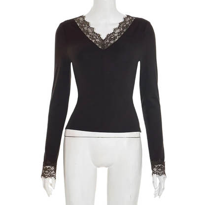 Brookmonts Women’s V-Neck Lace Top – Slim Fit Long Sleeve Pullover