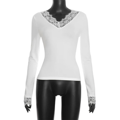 Brookmonts Women’s V-Neck Lace Top – Slim Fit Long Sleeve Pullover