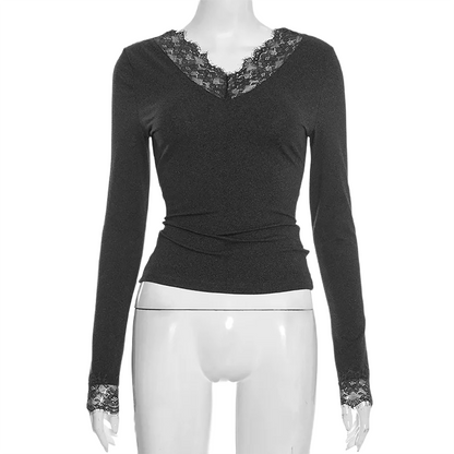 Brookmonts Women’s V-Neck Lace Top – Slim Fit Long Sleeve Pullover