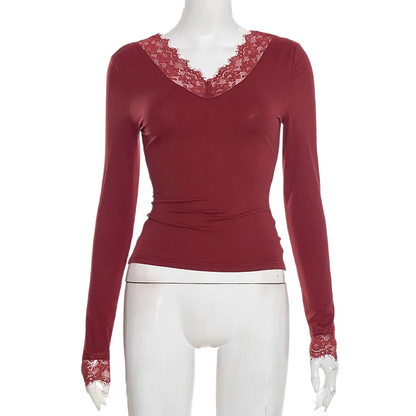 Brookmonts Women’s V-Neck Lace Top – Slim Fit Long Sleeve Pullover