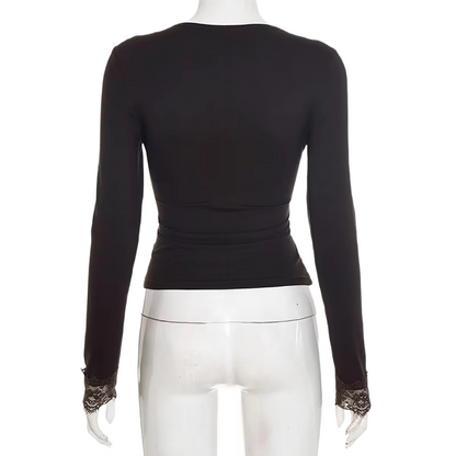 Brookmonts Women’s V-Neck Lace Top – Slim Fit Long Sleeve Pullover