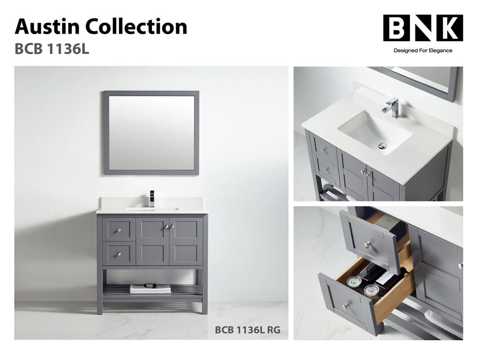 BNK Austin - 36" Vanity with Two door, Two left drawer & soft close. Rock Gray