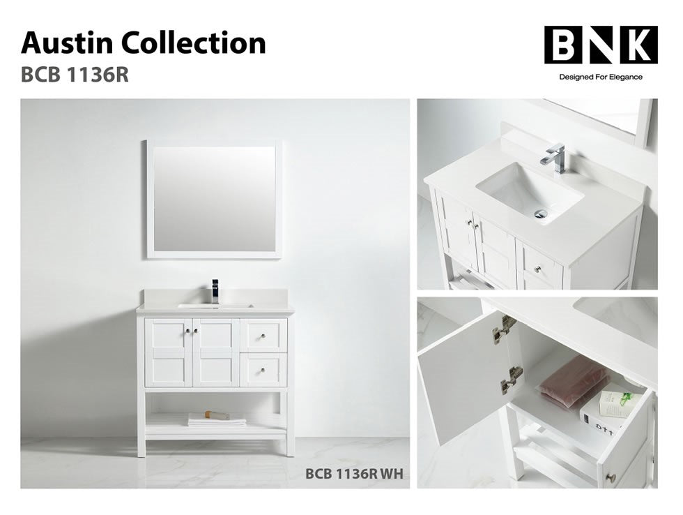 BNK Austin - 36" Vanity with Two door, Two right drawer & soft close. White