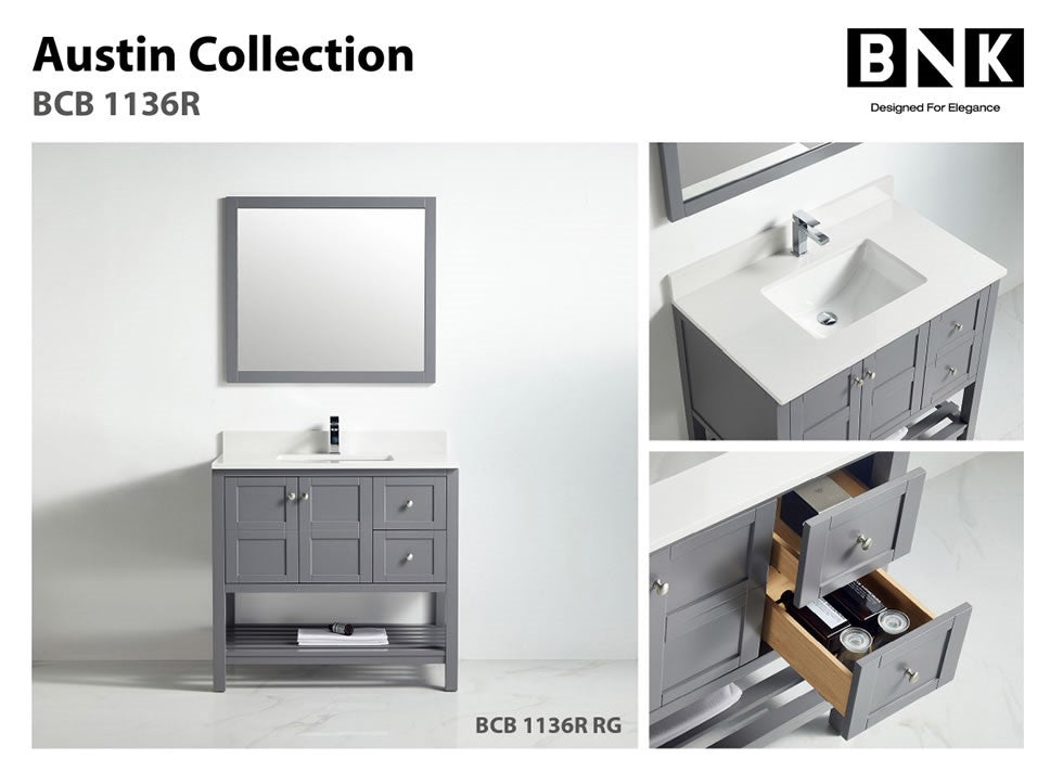 BNK Austin - 36" Vanity with Two door, Two right drawer & soft close. Rock Gray