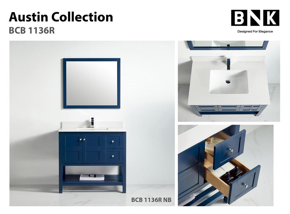 BNK Austin - 36" Vanity with Two door, Two right drawer & soft close. Navy Blue