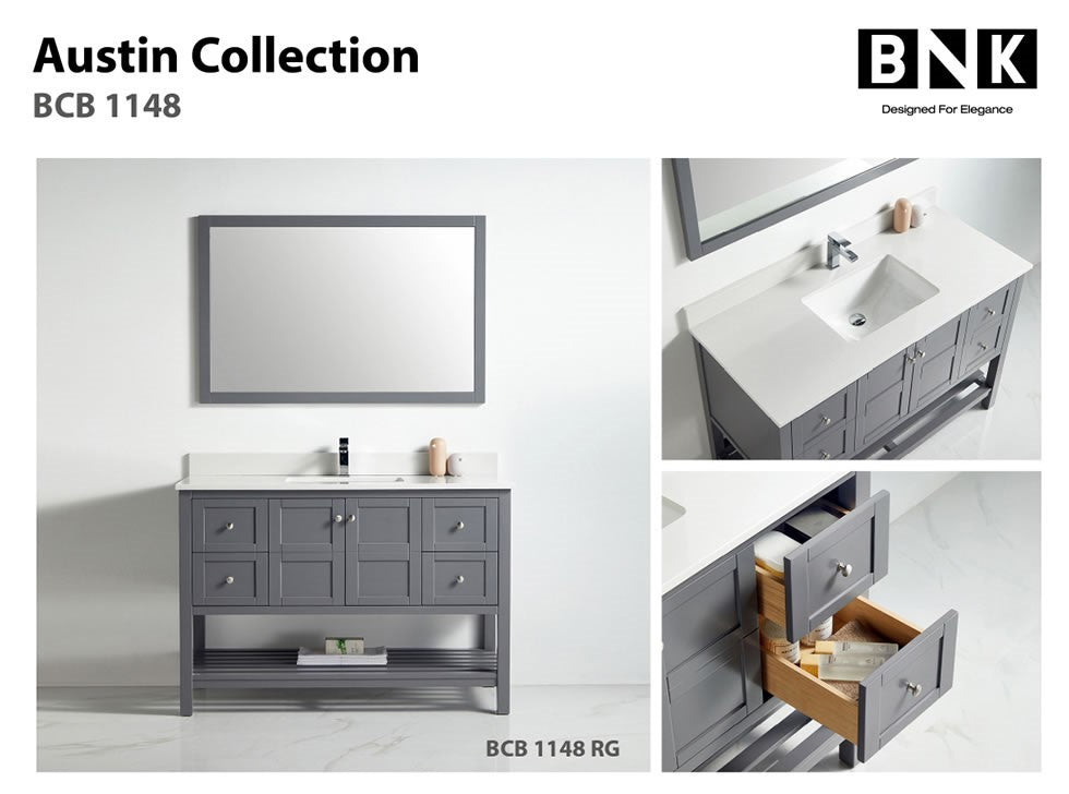 BNK Austin -48" Vanity with Two door, Four drawer & soft close. Rock Gray