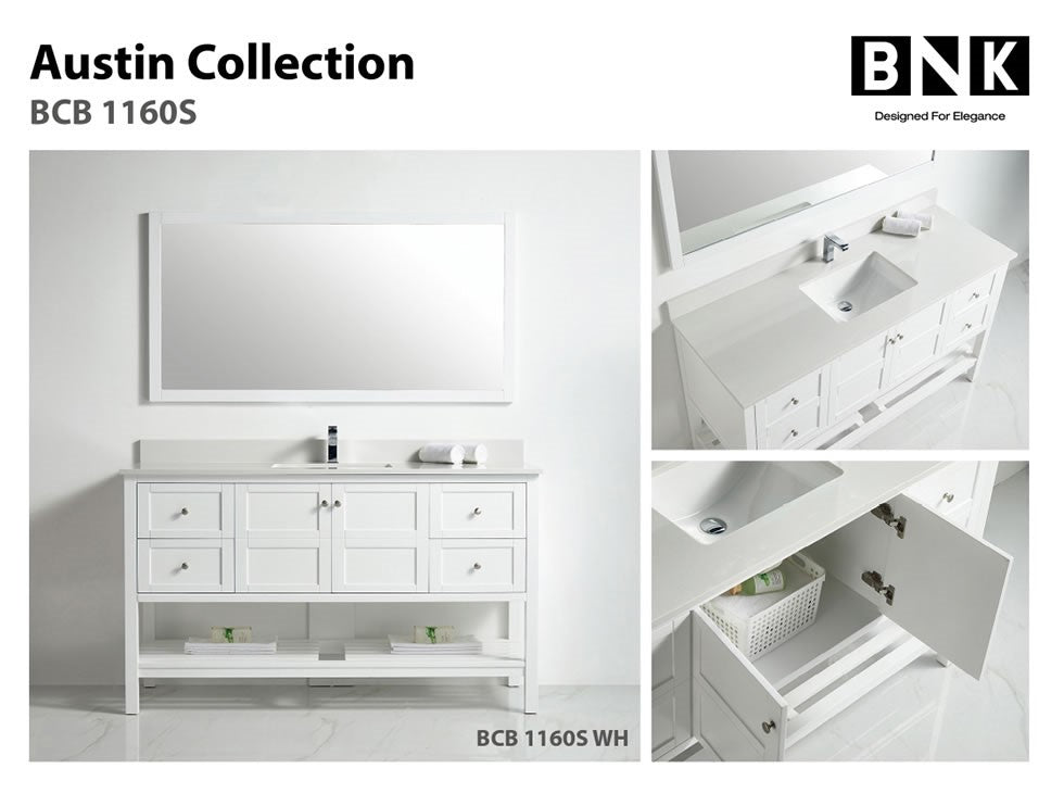 BNK Austin - 60" Vanity with single sink. Two door, Four drawer & soft close. White