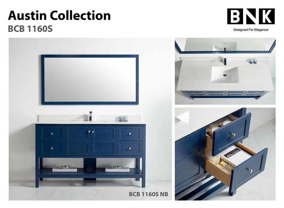 BNK Austin - 60" Vanity with single sink. Two door, Four drawer & soft close. Navy Blue