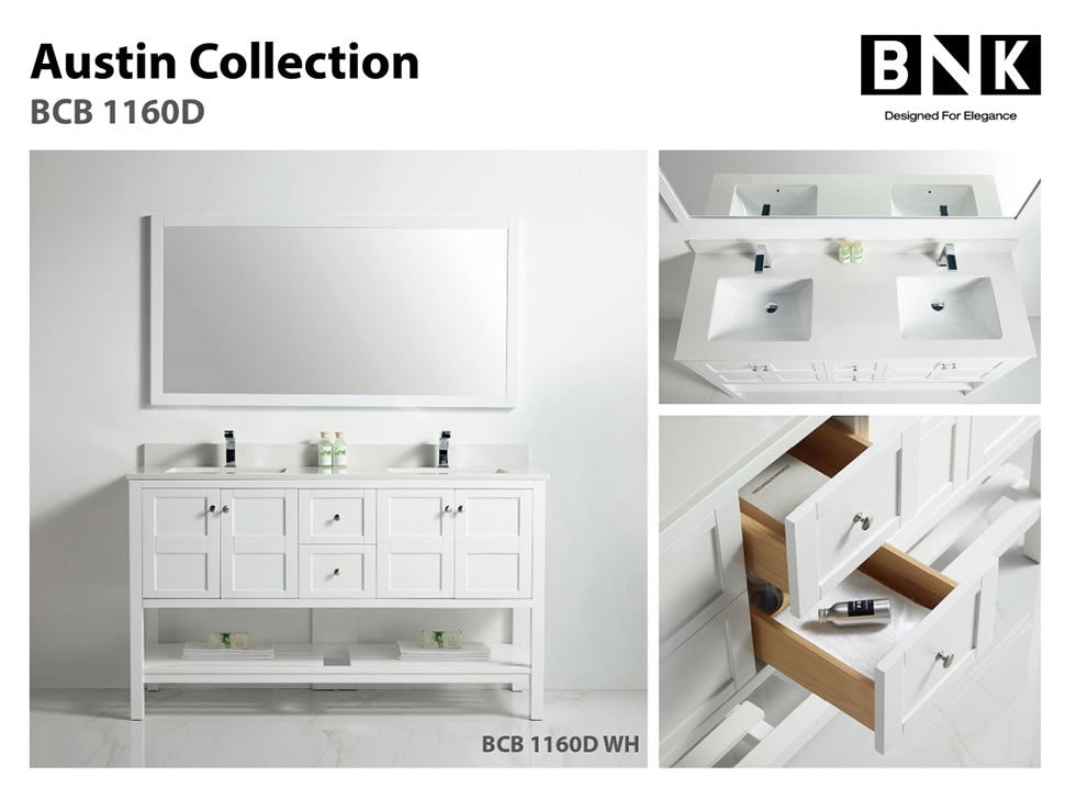 BNK Austin - 60" Vanity with single sink. Four door, two drawer & soft close. White