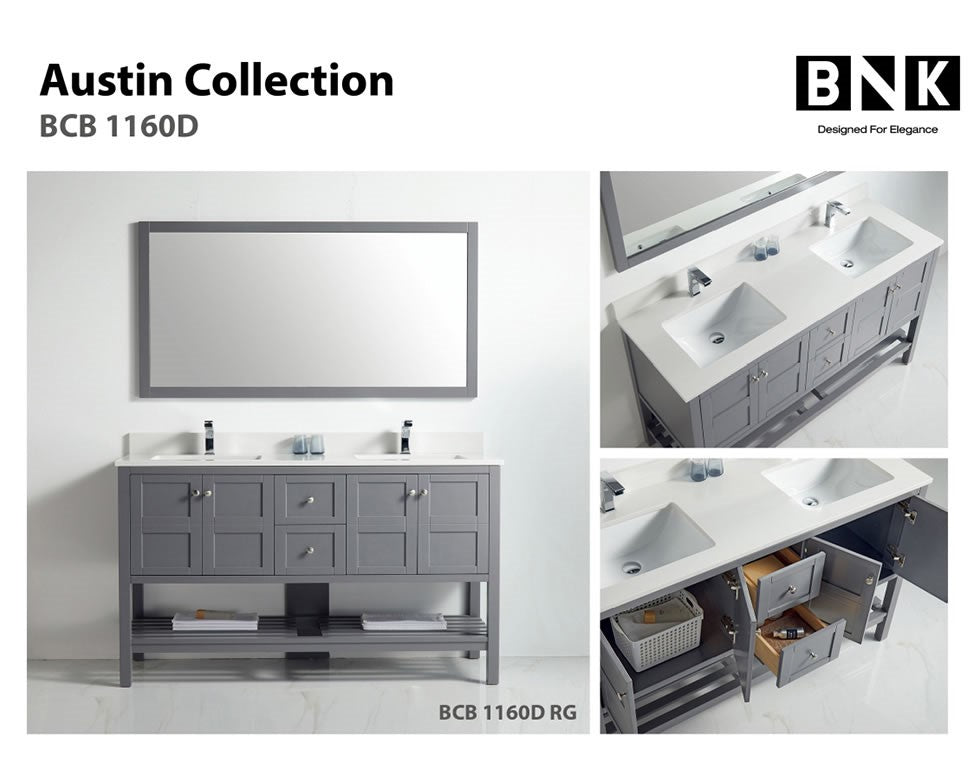 BNK Austin - 60" Vanity with single sink. Four door, two drawer & soft close. Rock Gray